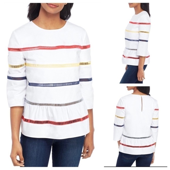 English Factory Ladder stripe Lace Babydoll cotton 3/4 sleeve White Blouse xs - Picture 1 of 9